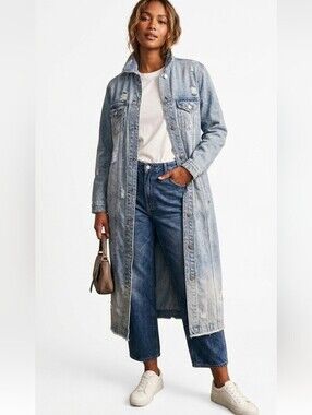 Vintage Tribal Jeans Distressed Denim Duster Coat Size Small Y2K Grunge